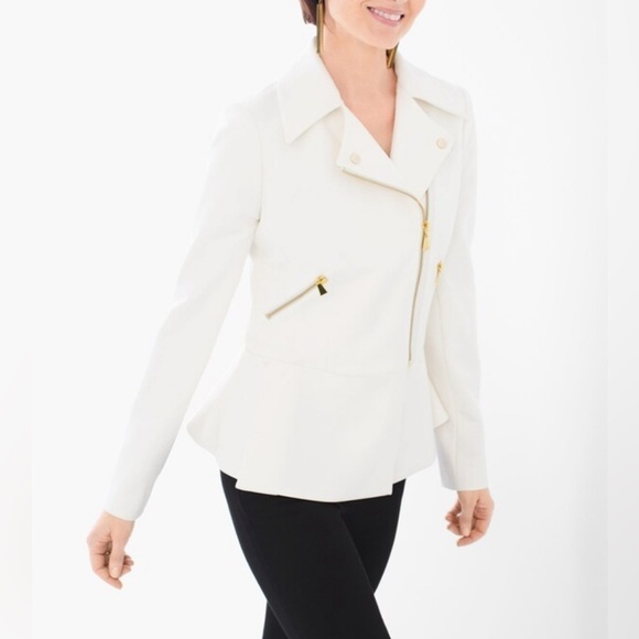 Chico's Jackets & Blazers - Chico’s Womens Cream Moto Jacket Size L Gold Zip Baddie Edgy Boss Lady